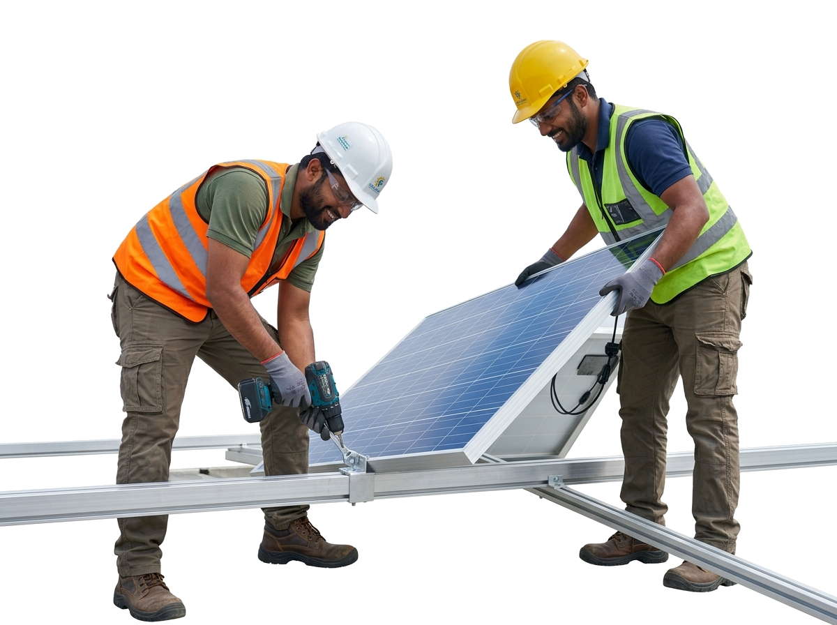Indian Solar Engineers Installing Rooftop Solar Panels - GreenTech Power Lucknow